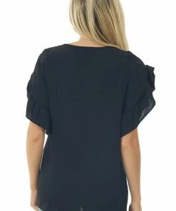 FSL APPAREL Tops Black Ruffle Sleeve V Neck Crinkle Blouse