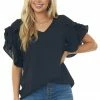 FSL APPAREL Tops Black Ruffle Sleeve V Neck Crinkle Blouse