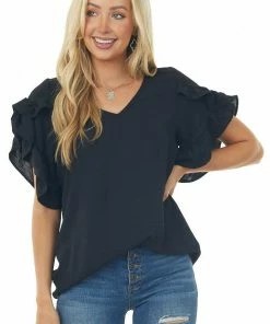 FSL APPAREL Tops Black Ruffle Sleeve V Neck Crinkle Blouse