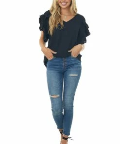 FSL APPAREL Tops Black Ruffle Sleeve V Neck Crinkle Blouse