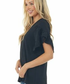 FSL APPAREL Tops Black Ruffle Sleeve V Neck Crinkle Blouse