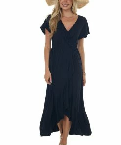 CY Fashion Black Ruffle V Neck Overlay Maxi Dress