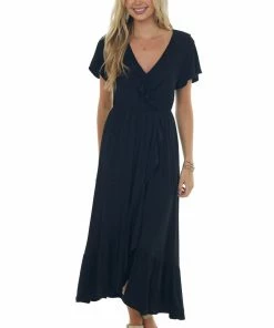 CY Fashion Black Ruffle V Neck Overlay Maxi Dress