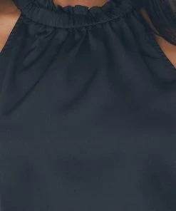 Umgee Black Satin Elastic Shirred Halter Neck Blouse Tops