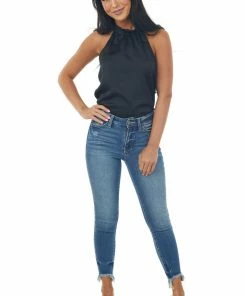 Umgee Black Satin Elastic Shirred Halter Neck Blouse Tops