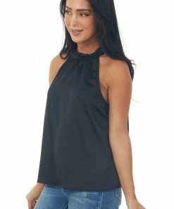 Umgee Black Satin Elastic Shirred Halter Neck Blouse Tops