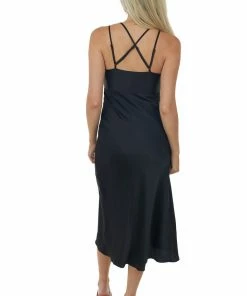 Skies Are Blue Black Satin Sleeveless V Neck Surplice Midi Dress Dresses