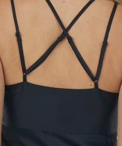 Skies Are Blue Black Satin Sleeveless V Neck Surplice Midi Dress Dresses