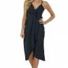 Skies Are Blue Black Satin Sleeveless V Neck Surplice Midi Dress Dresses