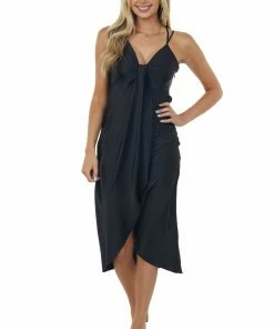 Skies Are Blue Black Satin Sleeveless V Neck Surplice Midi Dress Dresses