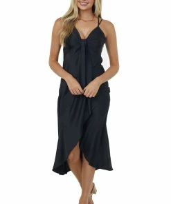 Skies Are Blue Black Satin Sleeveless V Neck Surplice Midi Dress Dresses