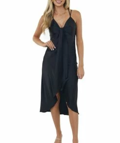 Skies Are Blue Black Satin Sleeveless V Neck Surplice Midi Dress Dresses