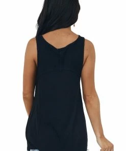 POL Clothing Black Scoop Neck Henley Knit Tank Top