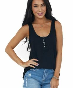 POL Clothing Black Scoop Neck Henley Knit Tank Top