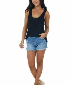 POL Clothing Black Scoop Neck Henley Knit Tank Top