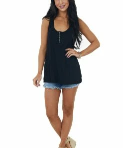 POL Clothing Black Scoop Neck Henley Knit Tank Top