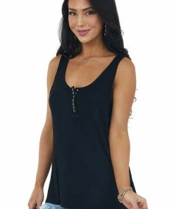 POL Clothing Black Scoop Neck Henley Knit Tank Top