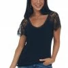 POL Clothing Tops Black Scoop Neck Top With Sheer Lace Sleeves And Fringe