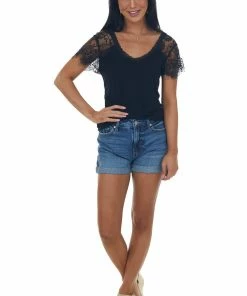POL Clothing Tops Black Scoop Neck Top With Sheer Lace Sleeves And Fringe