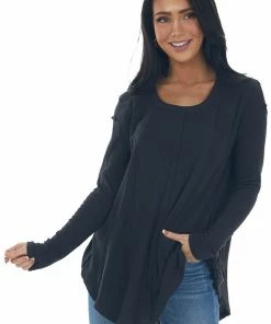 143 Story Black Scoop Neckline Rounded Hem Knit Top Tops