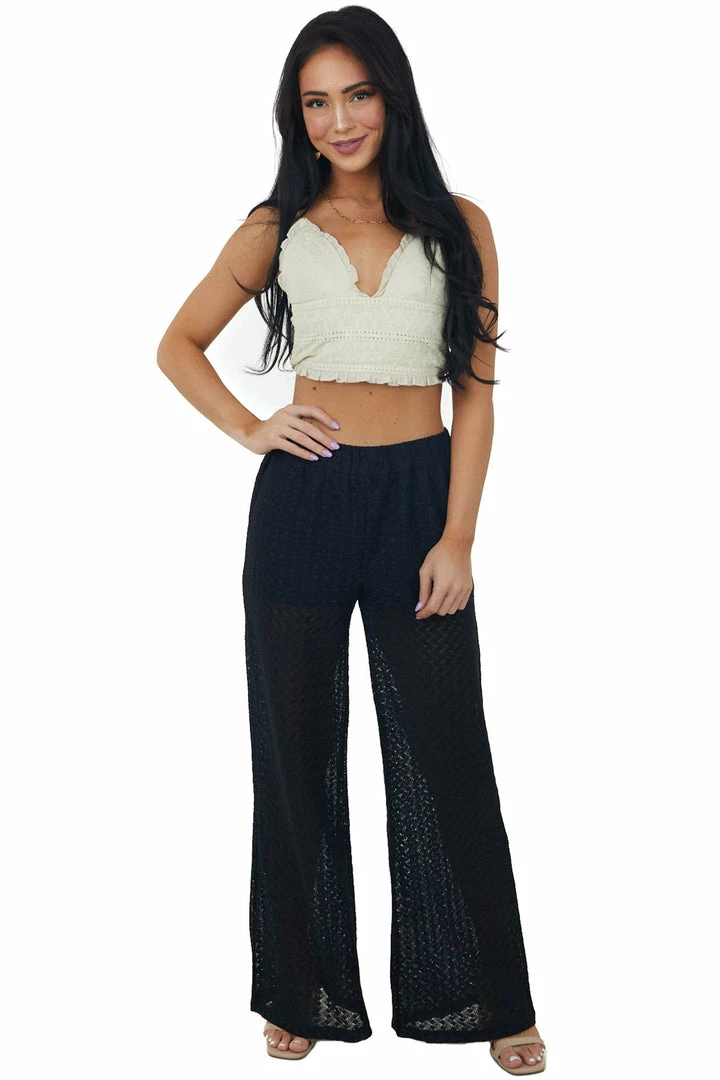 Umgee Black Sheer Elastic Band Lace Palazzo Pants 3 Umgee Black Sheer Elastic Band Lace Palazzo Pants