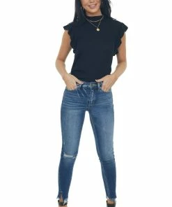 Charlotte Avery Tops Black Short Ruffle Sleeve Ribbed Knit Top