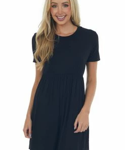 HESED Black Short Sleeve Babydoll Knit Dress