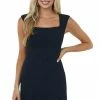 She + Sky Black Shoulder Pad Square Neck Ruffle Dress