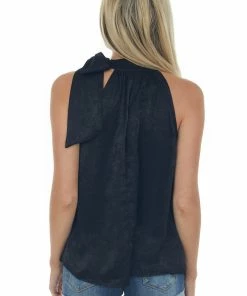 Glam Black Side Bow Tie Halter Neck Silky Blouse