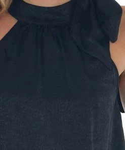 Glam Black Side Bow Tie Halter Neck Silky Blouse