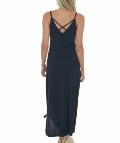 Lush Clothing Black Side Slit Spaghetti Strap Maxi Dress