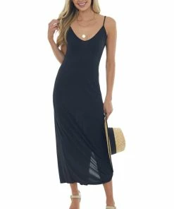Lush Clothing Black Side Slit Spaghetti Strap Maxi Dress