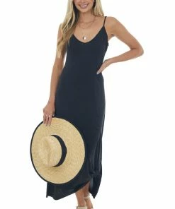 Lush Clothing Black Side Slit Spaghetti Strap Maxi Dress