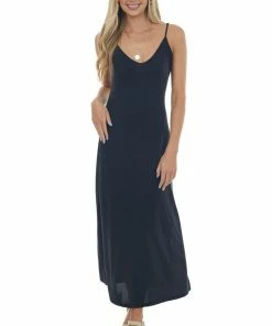 Lush Clothing Black Side Slit Spaghetti Strap Maxi Dress