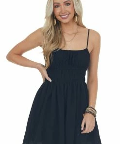 HYFVE Black Sleeveless Strap Ruched Waist Mini Dress Dresses