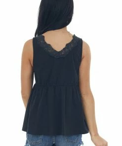 Heyson Tops Black Sleeveless V Neck Floral Lace Knit Top