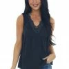 Heyson Tops Black Sleeveless V Neck Floral Lace Knit Top