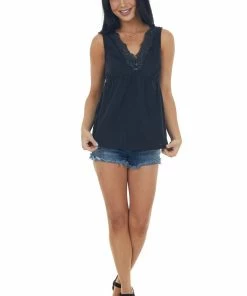 Heyson Tops Black Sleeveless V Neck Floral Lace Knit Top