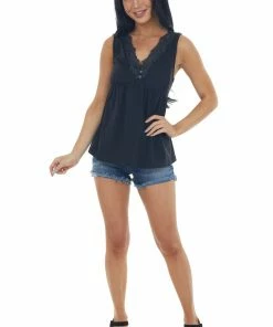 Heyson Tops Black Sleeveless V Neck Floral Lace Knit Top