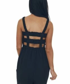 Lime Lush Black Smocked Elastic Strappy Back Woven Romper Dresses