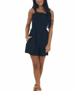 Lime Lush Black Smocked Elastic Strappy Back Woven Romper Dresses
