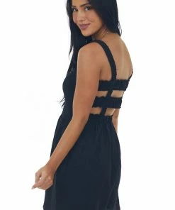 Lime Lush Black Smocked Elastic Strappy Back Woven Romper Dresses