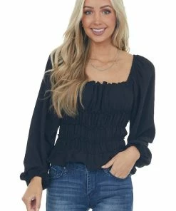 Entro Black Smocked Frill Puff Sleeve Bodysuit