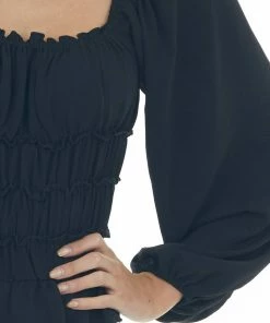 Entro Black Smocked Frill Puff Sleeve Bodysuit