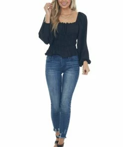 Entro Black Smocked Frill Puff Sleeve Bodysuit