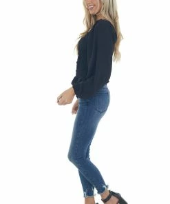 Entro Black Smocked Frill Puff Sleeve Bodysuit