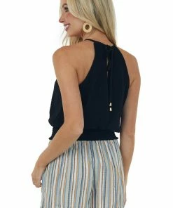 Allie Rose Black Smocked Hem Linen Halter Tank Top Tops