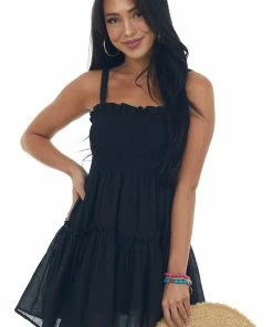 HYFVE Dresses Black Smocked Sleeveless Tiered Mini Dress 12 HYFVE Dresses Black Smocked Sleeveless Tiered Mini Dress