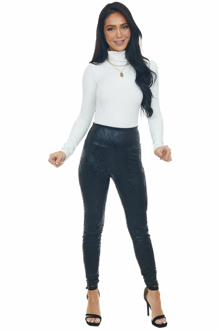 Shewin Bottoms Black Snakeskin Print High Waisted Leggings 3 Shewin Bottoms Black Snakeskin Print High Waisted Leggings