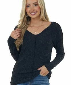 First Love Black Specked Ribbed Knit Exposed Seam Top